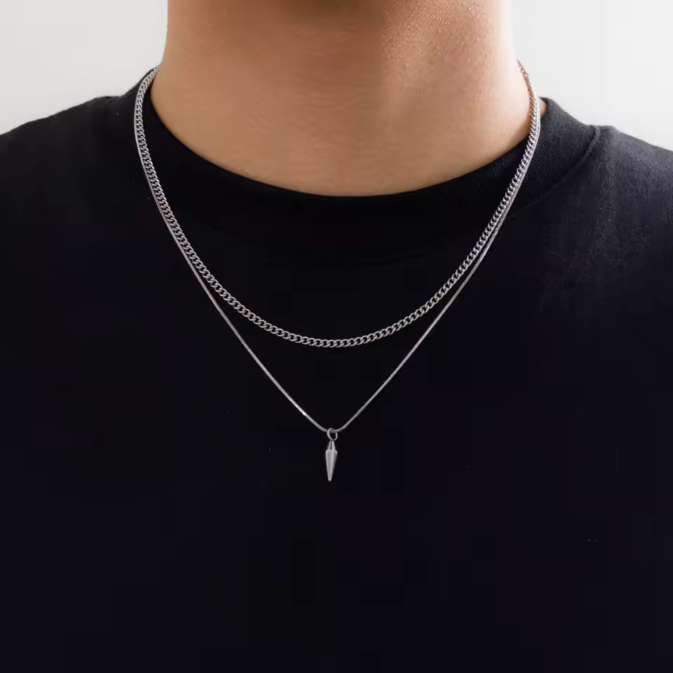 Layered Silver Chain Necklace with Spike Pendant